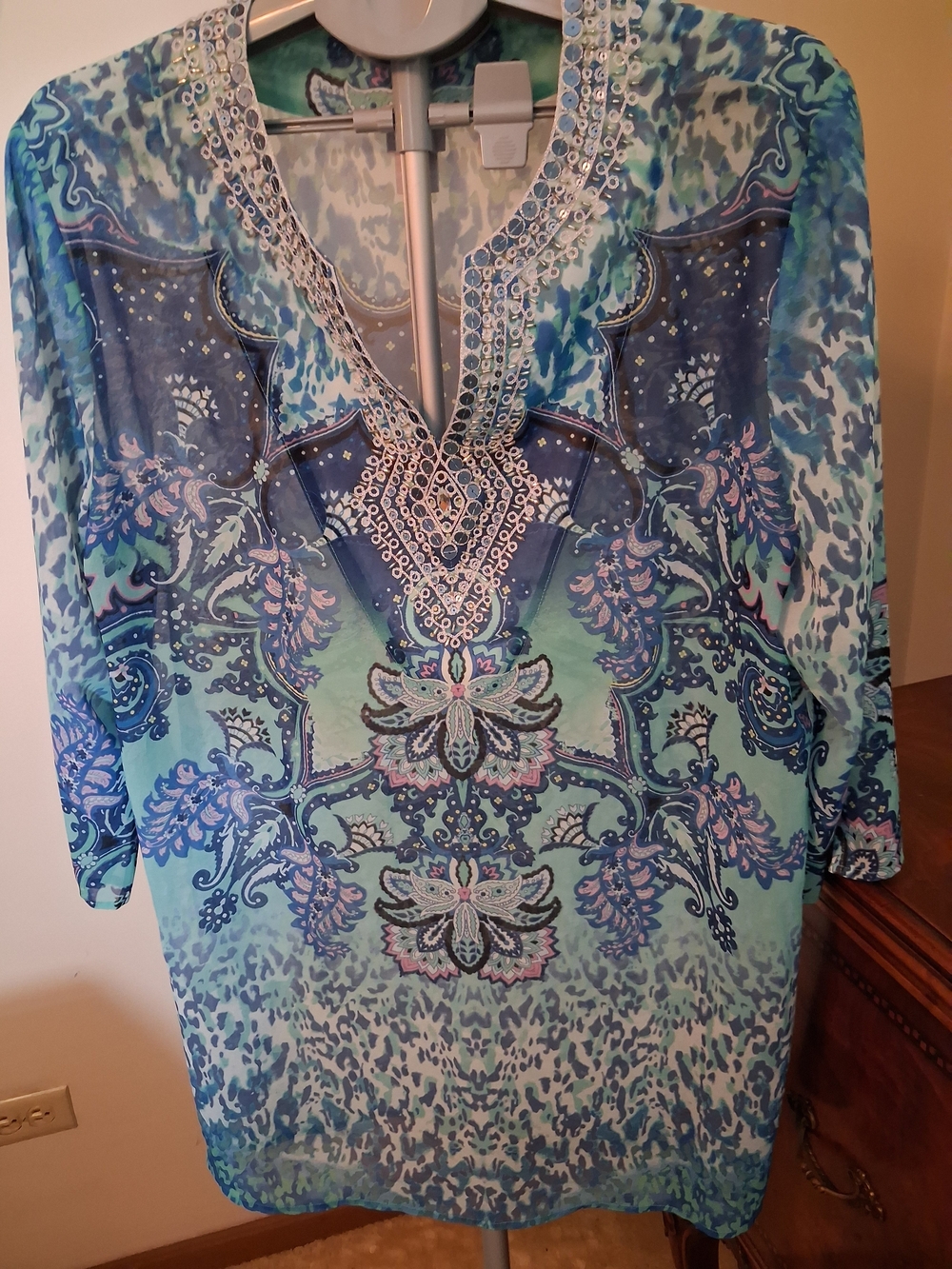 Chico's Aqua and Blue Embellished Tunic